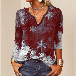 Langärmliges Weihnachts-T-Shirt mit V-Ausschnitt und Blumenmuster