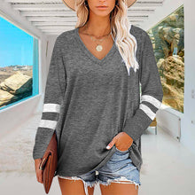 Laden Sie das Bild in den Galerie-Viewer, Langärmliges Lockeres T-Shirt mit V-Ausschnitt für Damen