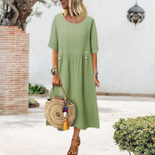Laden Sie das Bild in den Galerie-Viewer, Damenkleid aus Baumwolle und Leinen mit Rundhalsausschnitt