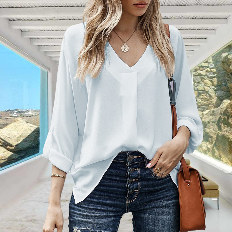 Herbst-Chiffon-Bluse mit V-Ausschnitt