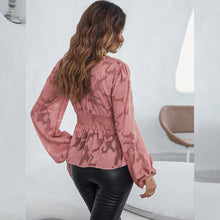 Laden Sie das Bild in den Galerie-Viewer, Einfarbiges Langärmeliges Chiffonhemd mit V-Ausschnitt und Jacquard