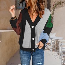 Laden Sie das Bild in den Galerie-Viewer, Colorblock-Pullover Cardigan mit V-Ausschnitt
