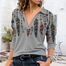 Laden Sie das Bild in den Galerie-Viewer, Damen Bedrucktes Langärmliges T-Shirt mit V-Revers