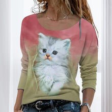 Laden Sie das Bild in den Galerie-Viewer, Langärmeliges Damen-T-Shirt mit Katzenmotiv
