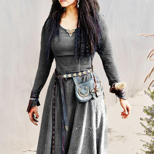 Retro einfarbiges Ethno-Kleid mit hoher Taille