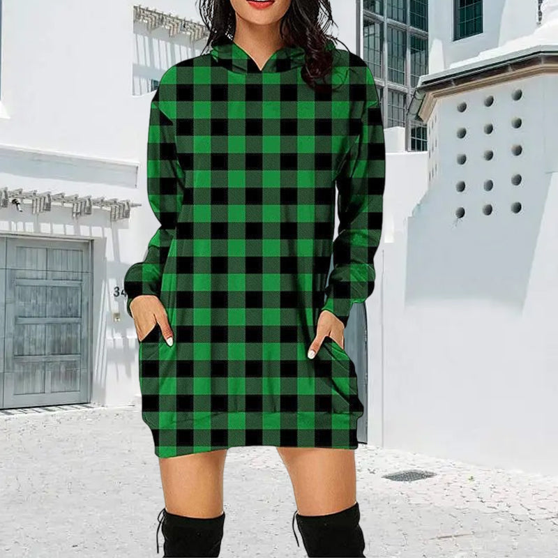 Mittellanges Kariertes Kapuzen-Sweatshirt