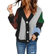 Laden Sie das Bild in den Galerie-Viewer, Colorblock-Pullover Cardigan mit V-Ausschnitt