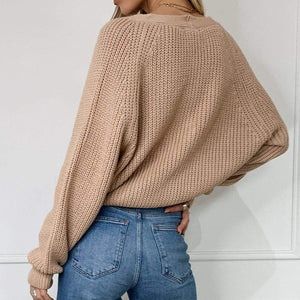 Einfarbiger Strickpullover mit Ballonärmeln und V-Ausschnitt