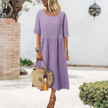 Laden Sie das Bild in den Galerie-Viewer, Damenkleid aus Baumwolle und Leinen mit Rundhalsausschnitt
