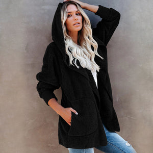 Langärmlige Lässige Einfarbige Strickjacke mit Kapuze