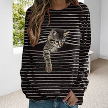 Laden Sie das Bild in den Galerie-Viewer, Gestreiftes T-Shirt mit Katzen-Print