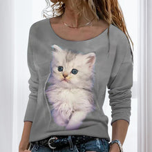 Laden Sie das Bild in den Galerie-Viewer, Langärmeliges Damen-T-Shirt mit Katzenmotiv