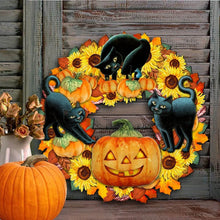 Laden Sie das Bild in den Galerie-Viewer, Halloween lustige Kürbis schwarze Katze Holzdekoration
