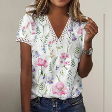 Laden Sie das Bild in den Galerie-Viewer, Bedrucktes Kurzärmeliges T-Shirt mit V-Ausschnitt für Damen
