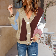 Laden Sie das Bild in den Galerie-Viewer, Colorblock-Pullover Cardigan mit V-Ausschnitt