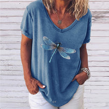 Laden Sie das Bild in den Galerie-Viewer, Kurzärmliges T-Shirt mit V-Ausschnitt und Libellendruck für Damen