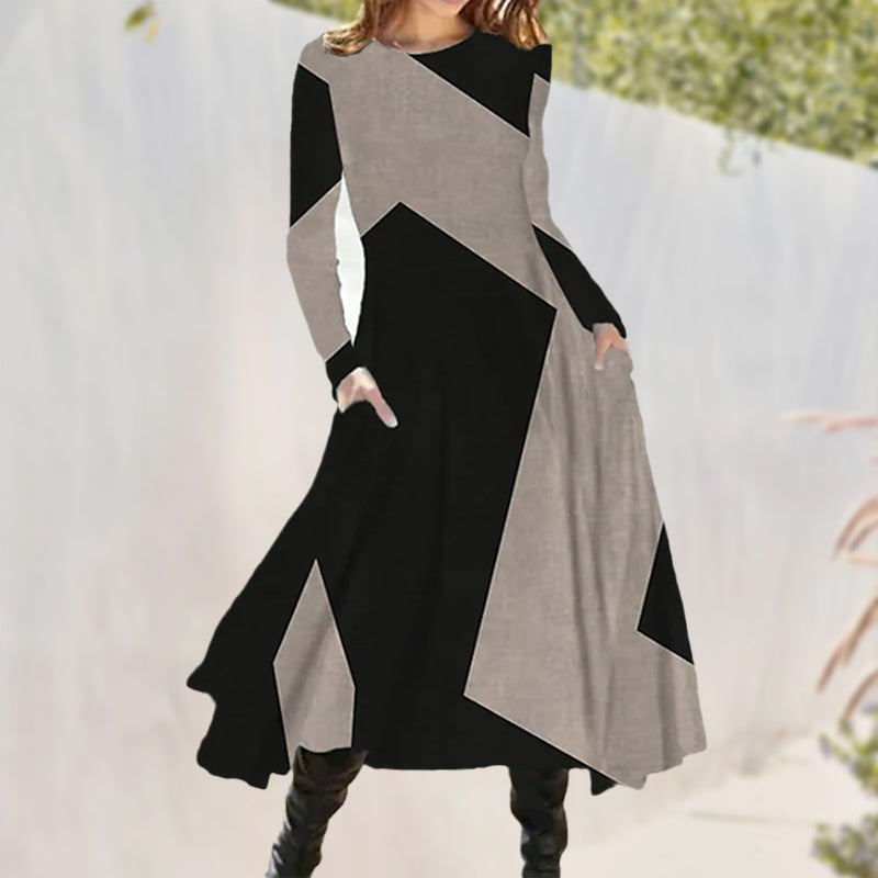 Langärmliges Kontrastkleid mit Taschen