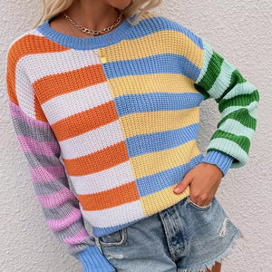 Gestreifter Lockerer Strickpullover mit Rundhalsausschnitt