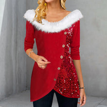 Laden Sie das Bild in den Galerie-Viewer, Weihnachtsoberteil mit Pailletten und Pelzkragen
