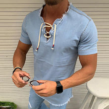 Laden Sie das Bild in den Galerie-Viewer, Stretch-Jeanshemd mit Schnürung für Herren
