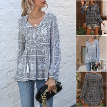 Laden Sie das Bild in den Galerie-Viewer, Langärmliges Bedrucktes Damenhemd mit V-Ausschnitt und Fransen