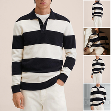 Laden Sie das Bild in den Galerie-Viewer, Lässiger Pullover mit Kontraststreifen und Halbknopf am Revers