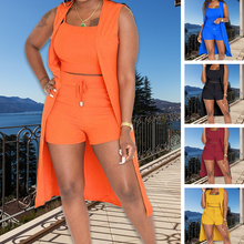 Laden Sie das Bild in den Galerie-Viewer, 3 STÜCKE Geripptes Crop Tank Top &amp; Shorts Set mit Weste Cardigan