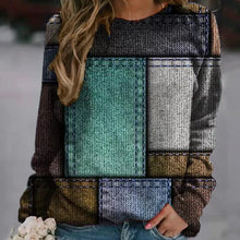 Laden Sie das Bild in den Galerie-Viewer, Damen Herbst/Winter Denim Farbblock Rundhals Langarm Pullover