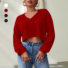 Laden Sie das Bild in den Galerie-Viewer, Einfarbiges Sexy Strick-T-Shirt mit V-Ausschnitt