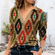 Laden Sie das Bild in den Galerie-Viewer, Damen Bedrucktes Langärmliges T-Shirt mit V-Revers