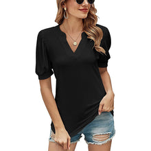 Laden Sie das Bild in den Galerie-Viewer, Einfarbiges T-Shirt mit V-Ausschnitt und Puffärmeln