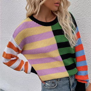 Gestreifter Lockerer Strickpullover mit Rundhalsausschnitt
