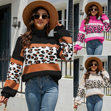 Laden Sie das Bild in den Galerie-Viewer, Rollkragen-Strickpullover mit Leopardenmuster und Farbblock