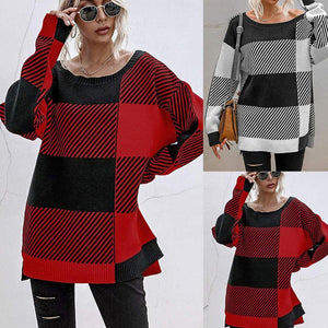 Damen Plaid-Kontrast-Strickpullover