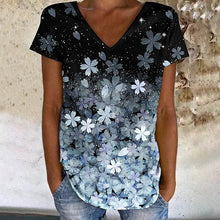 Laden Sie das Bild in den Galerie-Viewer, Buntes Blumen-T-Shirt mit V-Ausschnitt