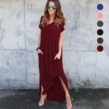 Laden Sie das Bild in den Galerie-Viewer, Damen einfarbiges kurzärmliges Kleid mit V-Ausschnitt