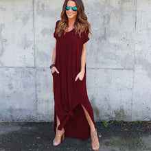 Laden Sie das Bild in den Galerie-Viewer, Damen einfarbiges kurzärmliges Kleid mit V-Ausschnitt