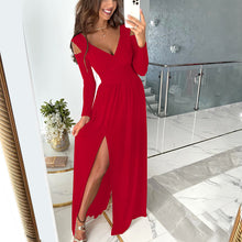 Laden Sie das Bild in den Galerie-Viewer, Damen einfarbiges langärmliges Kleid mit V-Ausschnitt
