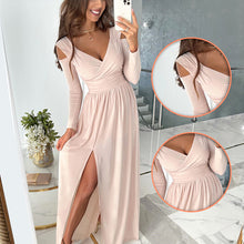 Laden Sie das Bild in den Galerie-Viewer, Damen einfarbiges langärmliges Kleid mit V-Ausschnitt
