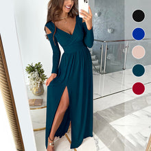 Laden Sie das Bild in den Galerie-Viewer, Damen einfarbiges langärmliges Kleid mit V-Ausschnitt