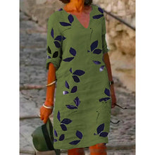 Laden Sie das Bild in den Galerie-Viewer, Damenkleid Mit Blattdruck Und V-Ausschnitt