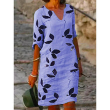 Laden Sie das Bild in den Galerie-Viewer, Damenkleid Mit Blattdruck Und V-Ausschnitt