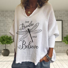 Laden Sie das Bild in den Galerie-Viewer, Damen lockeres langärmliges T-Shirt mit Libelle mit V-Ausschnitt