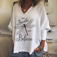 Laden Sie das Bild in den Galerie-Viewer, Damen lockeres langärmliges T-Shirt mit Libelle mit V-Ausschnitt