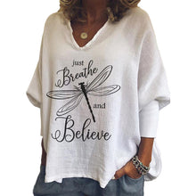 Laden Sie das Bild in den Galerie-Viewer, Damen lockeres langärmliges T-Shirt mit Libelle mit V-Ausschnitt