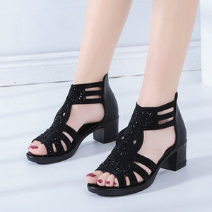 Damen modische Strass-Sandalen mit Reißverschluss hinten