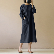 Laden Sie das Bild in den Galerie-Viewer, Einfarbiges Vintage-Kleid Mit Langen Ärmeln