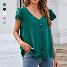 Laden Sie das Bild in den Galerie-Viewer, Einfarbiges kurzärmliges gerüschtes Chiffonhemd für Damen