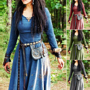 Retro einfarbiges Ethno-Kleid mit hoher Taille