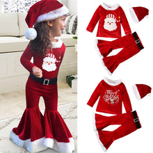 Laden Sie das Bild in den Galerie-Viewer, 3-teiliges Set aus Teddy-Oberteil und Flare-Hose aus süßem rotem Samt mit Weihnachtsmotiv